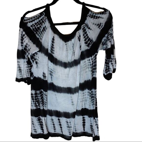 Raviya Tie Dye Blue, Black & White Cold-Shoulder Top - Picture 1 of 4